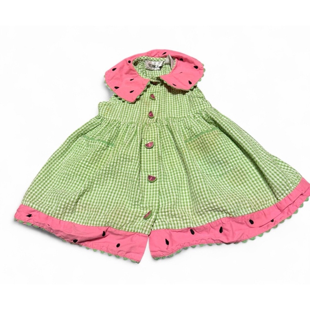 Youngland Girls 2T Watermelon Dress Green Gingham Pink Collar Fruit Summer